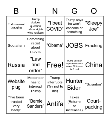 Presidential Debate Drinking Game (Suicide by Alcohol) Bingo Card