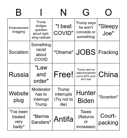 Presidential Debate Drinking Game (Suicide by Alcohol) Bingo Card