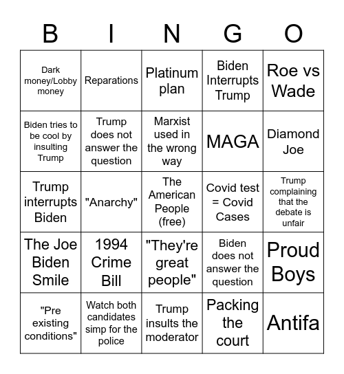 Presidential Debate 2: Debate boogaloo Bingo Card