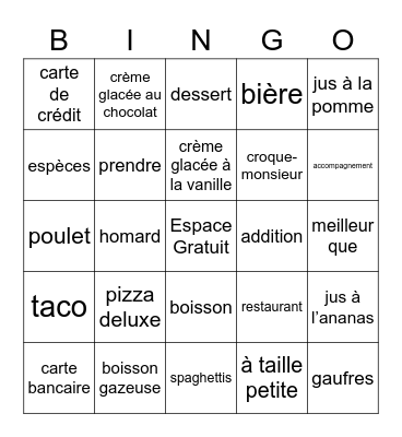 Unité 3: Au restaurant! Bingo Card