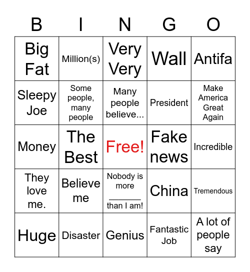 2020 Prez Debate - Trump Bingo Card