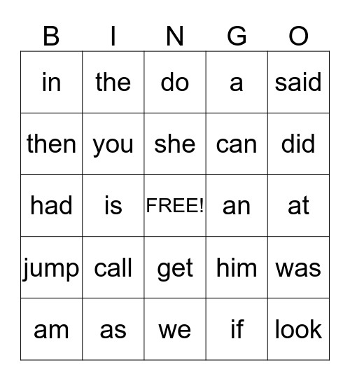 High Frequency Word Bingo Card