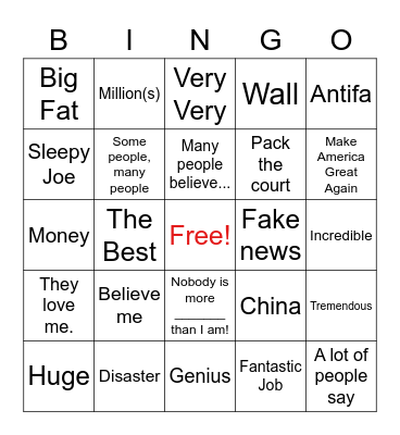 2020 Prez Debate - Trump Bingo Card