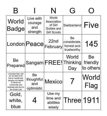 Girl Guides Bingo Card