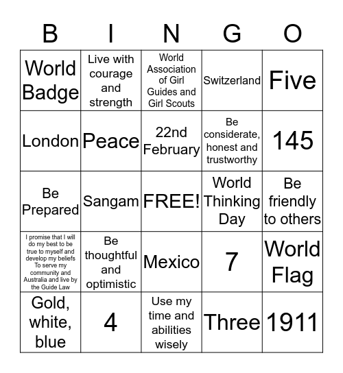 Girl Guides Bingo Card