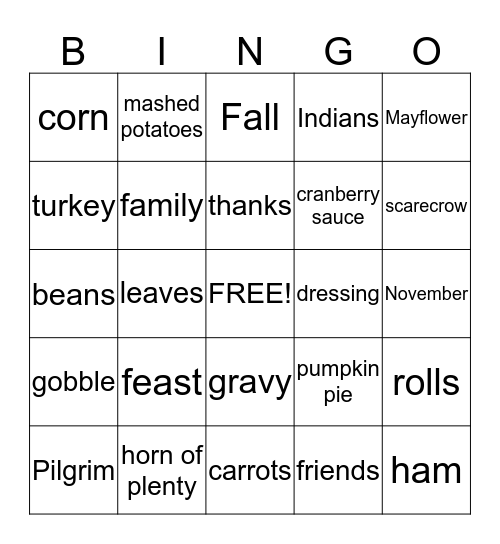 Thanksgiving Words Bingo Card
