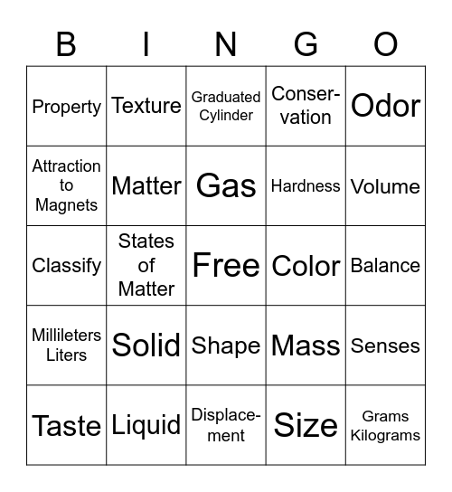Properties of Matter Bingo Card