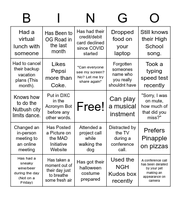 NGH Bingo 23/10/20 Bingo Card