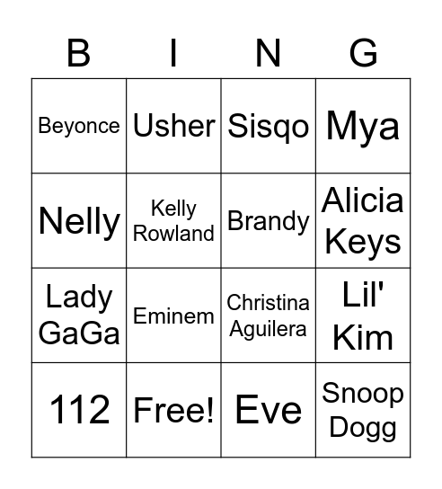 2000s RnB Bingo Card