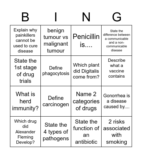 Disease BINGO Card