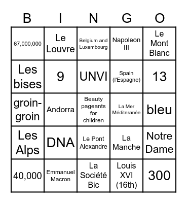French Trivia Bingo - Lassau Bingo Card