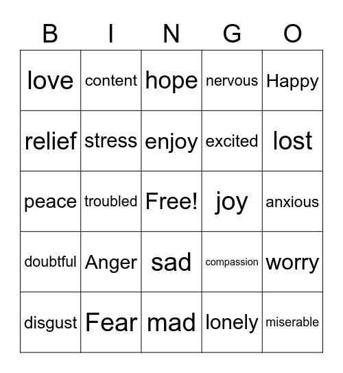 Emotional Bingo Card