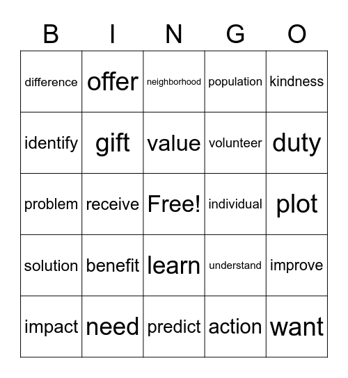 Key Words Level C Bingo Card