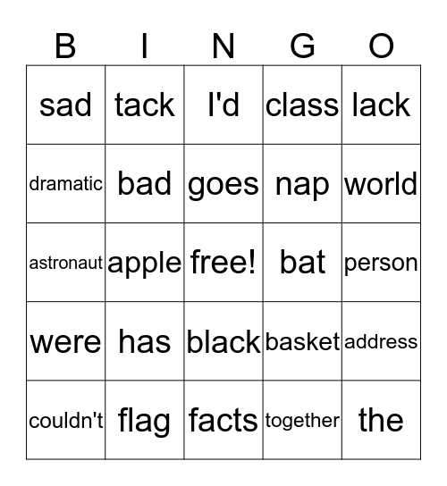 Short A / Sight Word Bingo Card