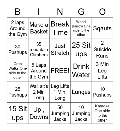 Excercise Bingo Card