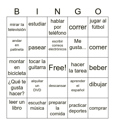 Spanish 1 Bingo Card