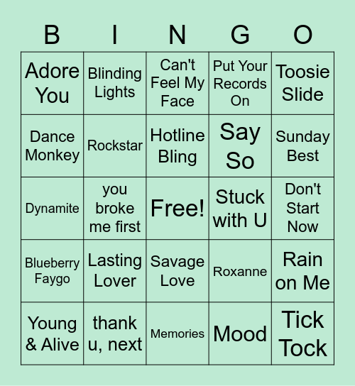 Class 8 Today's Hits Bingo Card