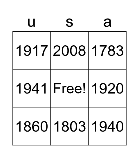 usa dates Bingo Card