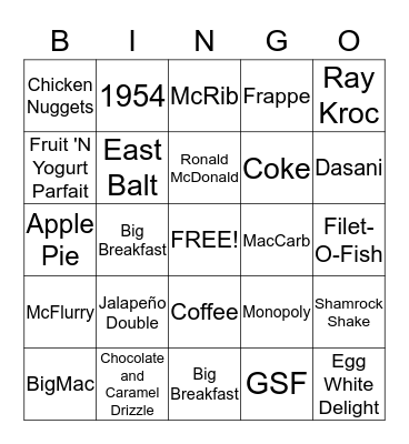 McDonald's Triva Bingo Card