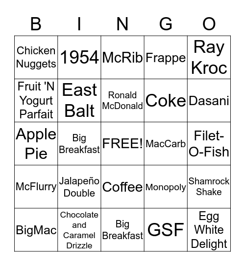 McDonald's Triva Bingo Card