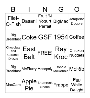 McDonalds Triva Bingo Card