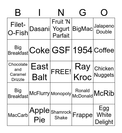 McDonalds Triva Bingo Card