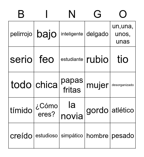 Unit 2 vocabulary adjectives Bingo Card