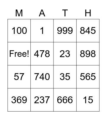Digit and Place Value Bingo Card