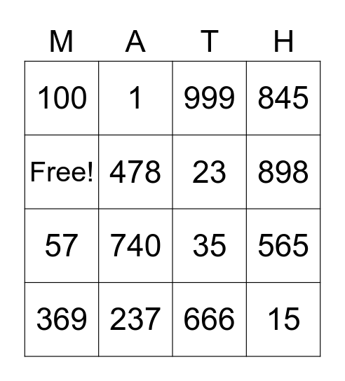 Digit and Place Value Bingo Card