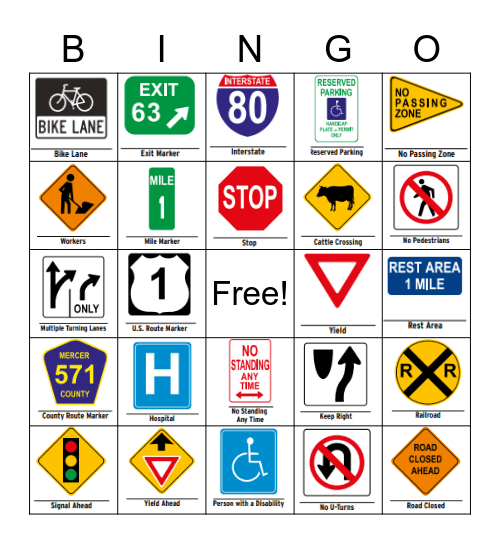 Road Sign Bingo Card
