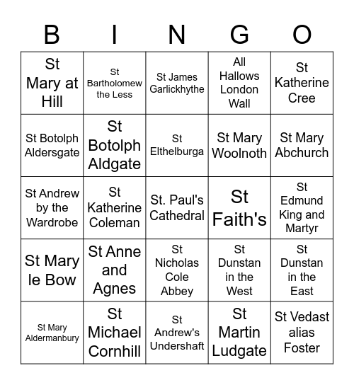 City Churches Bingo Card