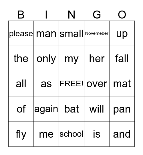 Sight Words/Spelling Words Bingo Card