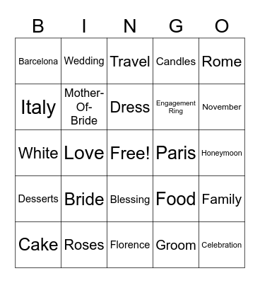 Christina's Bridal Shower Bingo Card