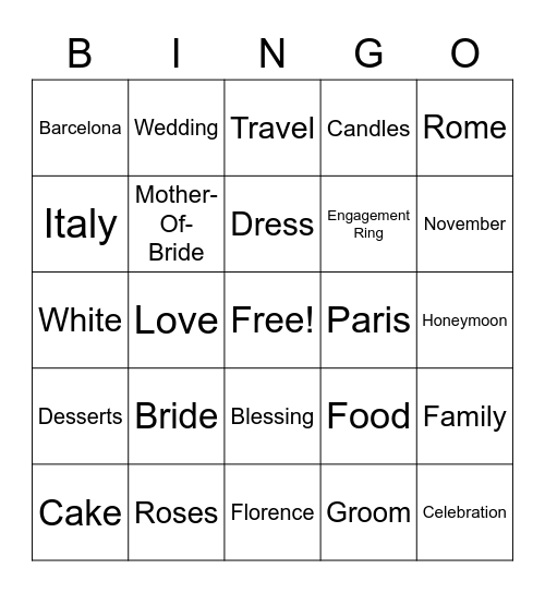 Christina's Bridal Shower Bingo Card