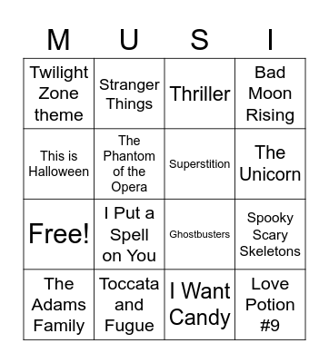 Halloween Music Bingo Card