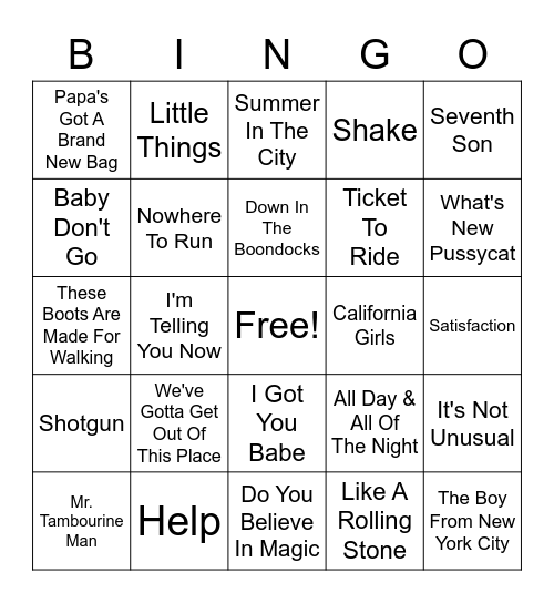 60S Hits WS Bingo Card