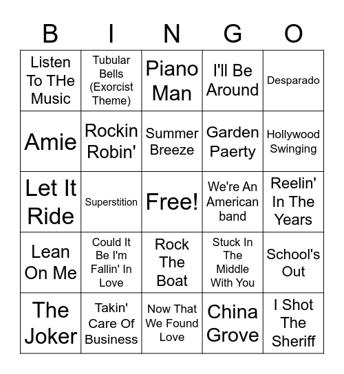 70s Hits WS Bingo Card