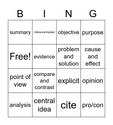 Informational Skills Vocabulary Bingo Card