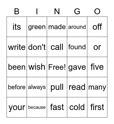 Sight Words Bingo Card