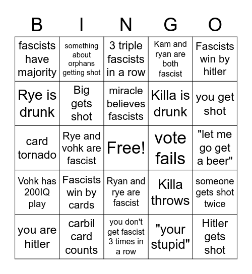 Secret hitler Bingo Card