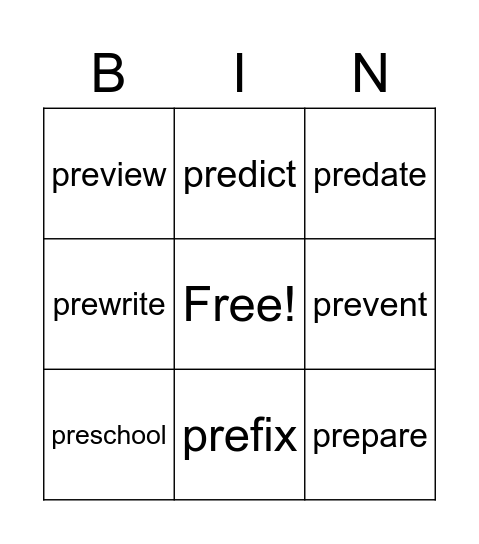 Prefix Pre Bingo Card