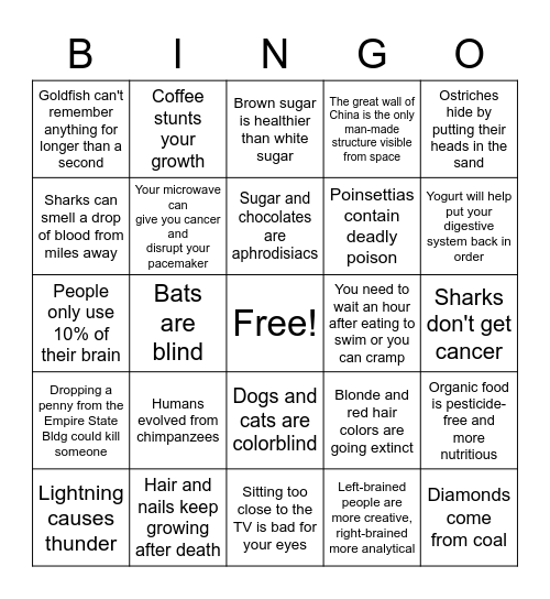 Scientific Myths Debunked Bingo Card
