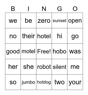 closed/open syllables/HFW Bingo Card