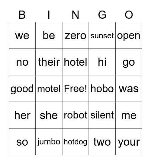 closed/open syllables/HFW Bingo Card
