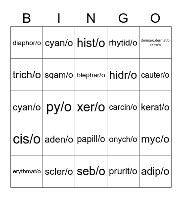Integumentary System Bingo Card