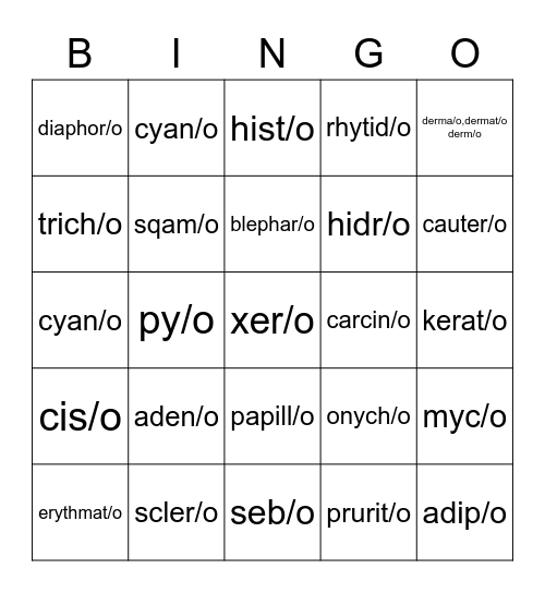Integumentary System Bingo Card