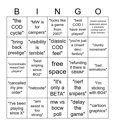 BOCW Subreddit Bingo Card