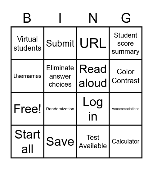 Eduphoria Online Testing Bingo Card