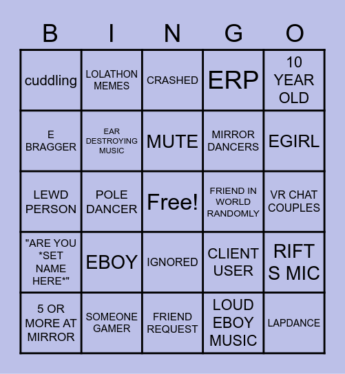 VR CHAT PUBLICS Bingo Card