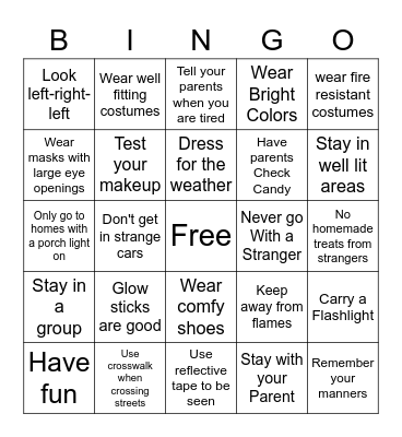 Halloween Safety Bingo Card